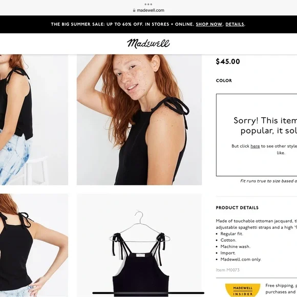 Madewell Black Tie Strap Tank Top, Size Large - Picture 4 of 5